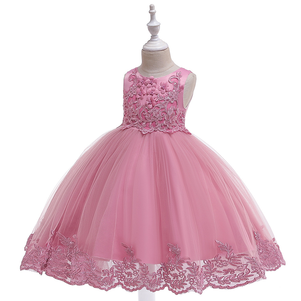 2024 New Girls' Dress Dress Beaded Three-Dimensional Embroidered Princess Dress Flower Children's Puffy Wedding Dress Piano Performance Dress