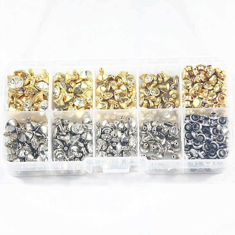 供跨境 240套水钻管钻铆钉 A级钻金银色边钻钉开花带钻撞钉帽钉扣