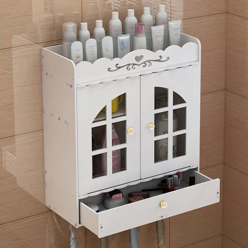 Baño estante de almacenamiento de cosméticos montado en la pared suministros de baño estante de almacenamiento montado en la pared a prueba de polvo estante de almacenamiento de baño