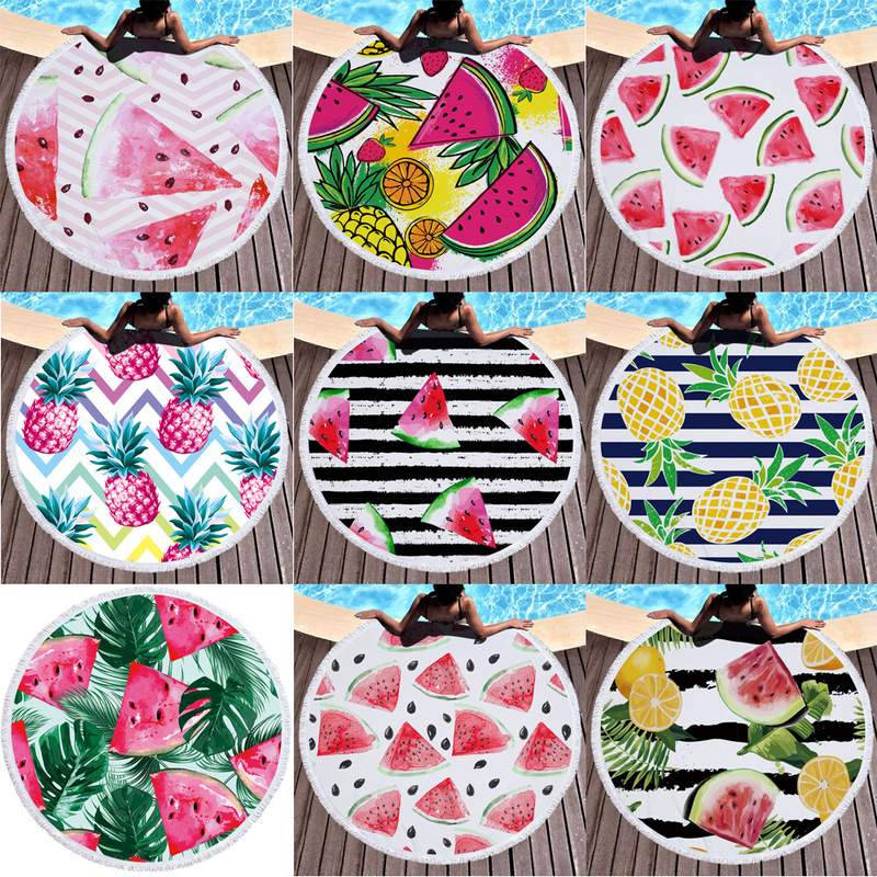 Factory Direct supply new ultra-fine fiber and tassel round beach towel bath towel yoga mat tropical fruit pineapple