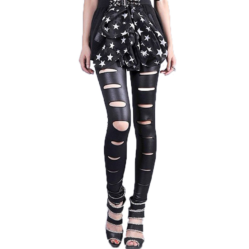 春秋季黑色仿皮时尚打底裤女士个性破洞外穿九分皮裤紧身铅笔裤子