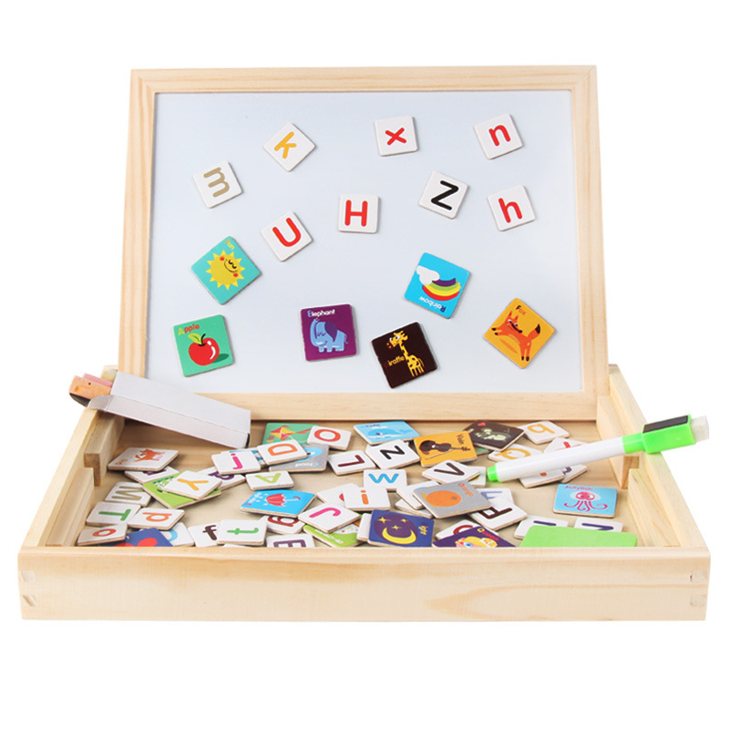 Rompecabezas de madera magnético de doble cara rompecabezas de dibujos animados niña vestir inglés rompecabezas tablero de dibujo juguetes educativos al por mayor