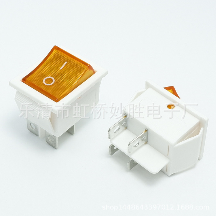 船型开关KCD4 翘板船形电源开关 4脚2档白色底座黄盖带灯铜脚