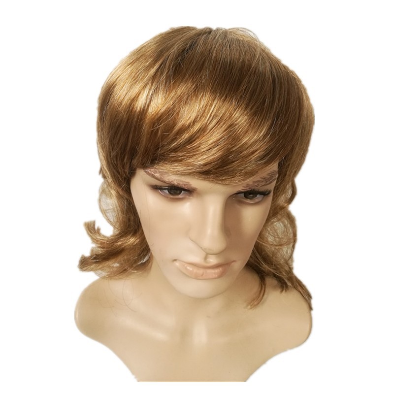 European and American men's short fluffy straight blonde wig slanting bangs chemical fiber headgear Amazon wish