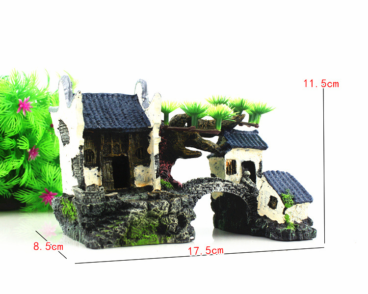 Pecera paisaje rocalla acuario decoración paisaje resina casa Jiangnan cabaña agua ciudad edificio decoración nube edificio grúa