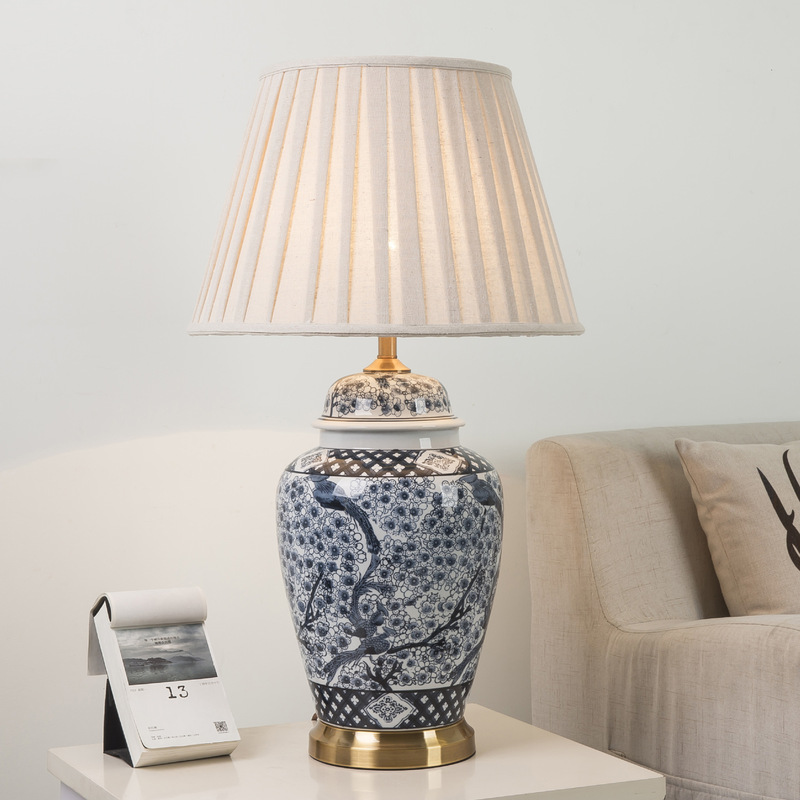 Ceramic new Chinese blue and white hand-painted desk lamp living room bedroom bedside lamp hotel model room lighting room generation