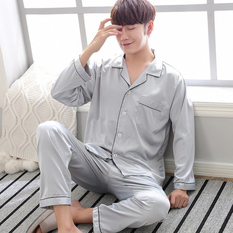 Primavera y otoño nuevo pijama de seda hombre manga larga set de seda coreana de tamaño grande ropa casera delgada