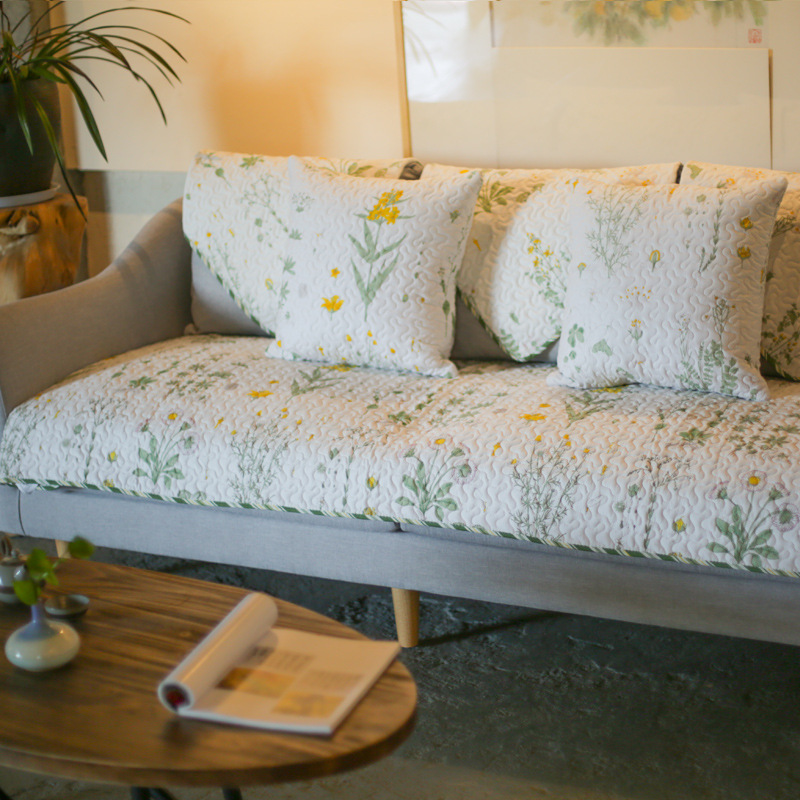 清新绿色全棉布艺沙发垫 防滑沙发盖巾套罩坐垫 四季通用 可机洗
