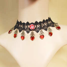 洛丽塔chocker项圈 日系复古女士黑色蕾丝红桃心多层链条项链Y087