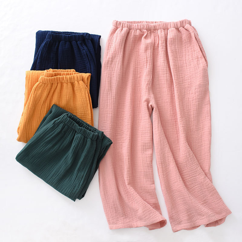 Cotton Crepe Top Buckle Mid-Sleeve Cotton Double-Layer Cotton Cropped Wide-Leg Pants Home Wear Solid Color Plus Size