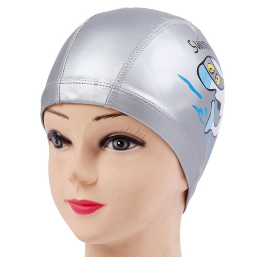 Children's Swimming Cap Boys' Cute Cartoon Dolphin Pattern PU Cloth Waterproof Long Hair Ear Protection Equipment Girls' Swimming Cap
