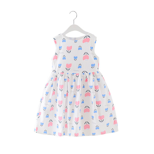Girls' Cotton Skirt 2024 New Summer Clothes for Children, Medium and Large Children, Fashionable Cotton Floral Dress, Off-the-Shoulder Vest Skirt