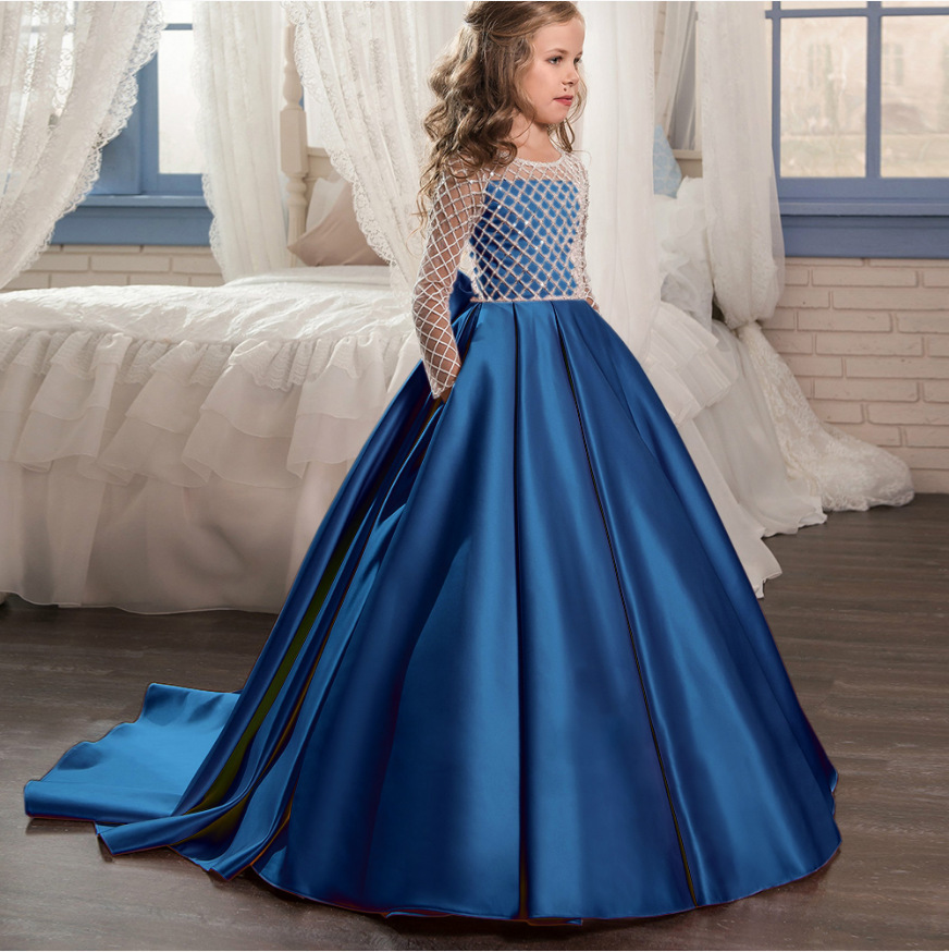 Comercio exterior transfronterizo nueva ropa para niños vestido para niños niñas encaje satén arco pequeño vestido de princesa de niña de flores