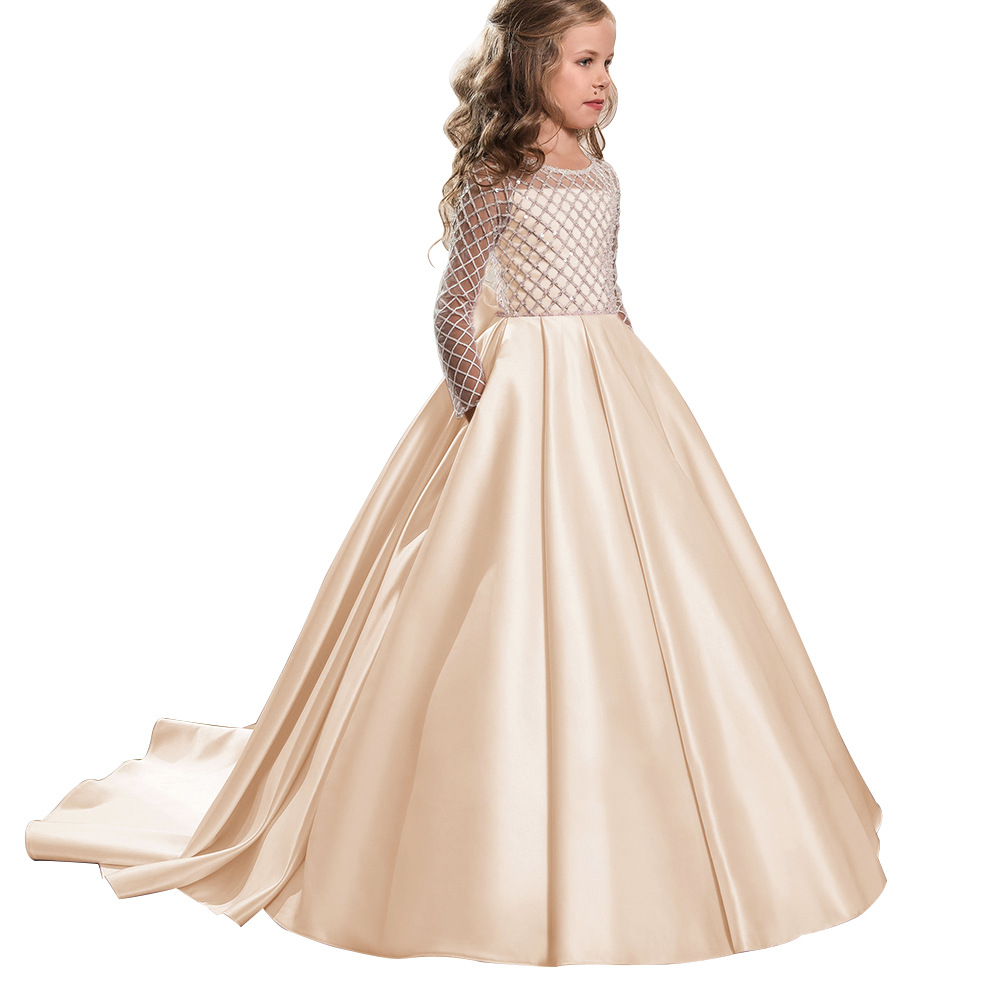 Comercio exterior transfronterizo nueva ropa para niños vestido para niños niñas encaje satén arco pequeño vestido de princesa de niña de flores