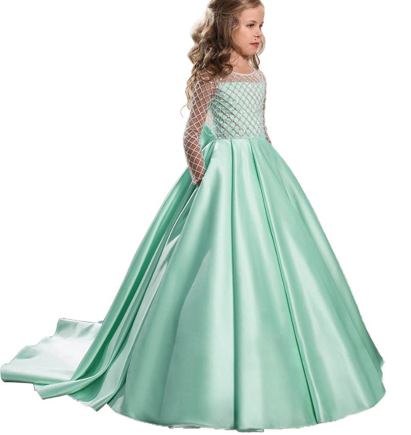 Comercio exterior transfronterizo nueva ropa para niños vestido para niños niñas encaje satén arco pequeño vestido de princesa de niña de flores