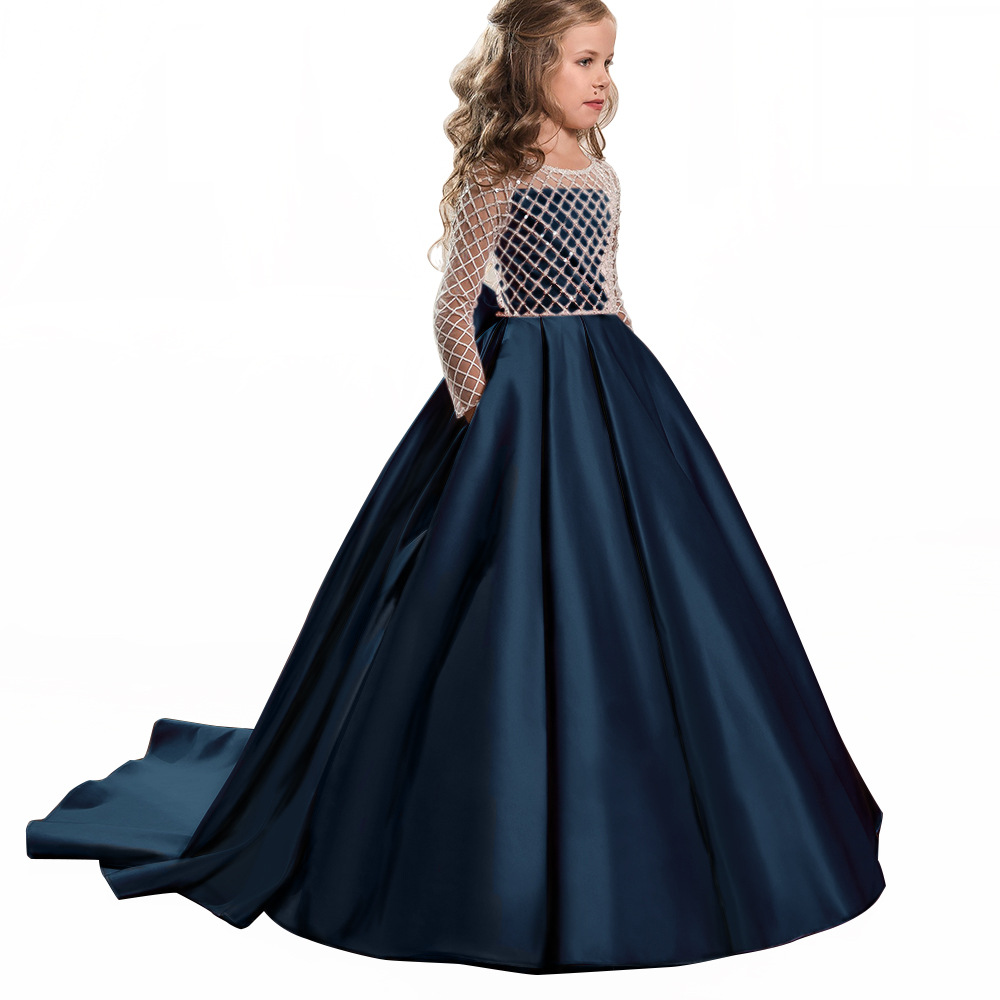 Comercio exterior transfronterizo nueva ropa para niños vestido para niños niñas encaje satén arco pequeño vestido de princesa de niña de flores