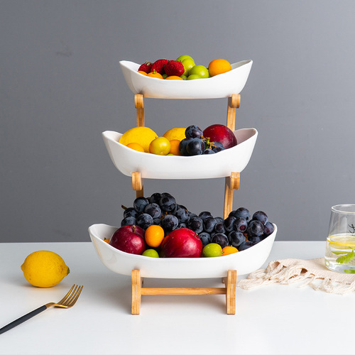 Creative three-layer multi-layer fruit tray European ceramic snack tray bamboo wood stand household sushi tray direct selling fruit basket