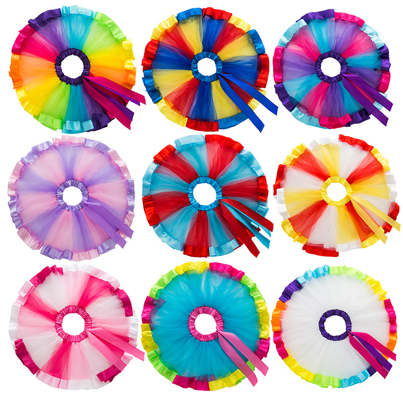 Amazon popular Arco Iris falda malla color niña princesa falda bebé falda rendimiento ropa en stock