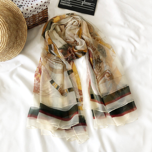 New sun protection silk scarf for women, summer ice silk and soft yarn printed silk scarf, large shawl, seaside beach towel