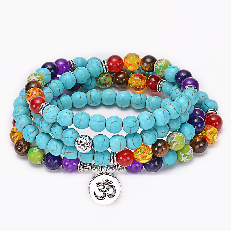 Cross-border 108 Turquoise Multi-layer Bracelet Colorful Natural Stone Yoga OM Life Tree Lotus Pendant Bracelet