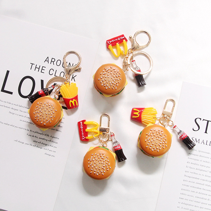 Hamburger fries keychain pendant diy handmade pendant car key chain ring simple personalized creative gift