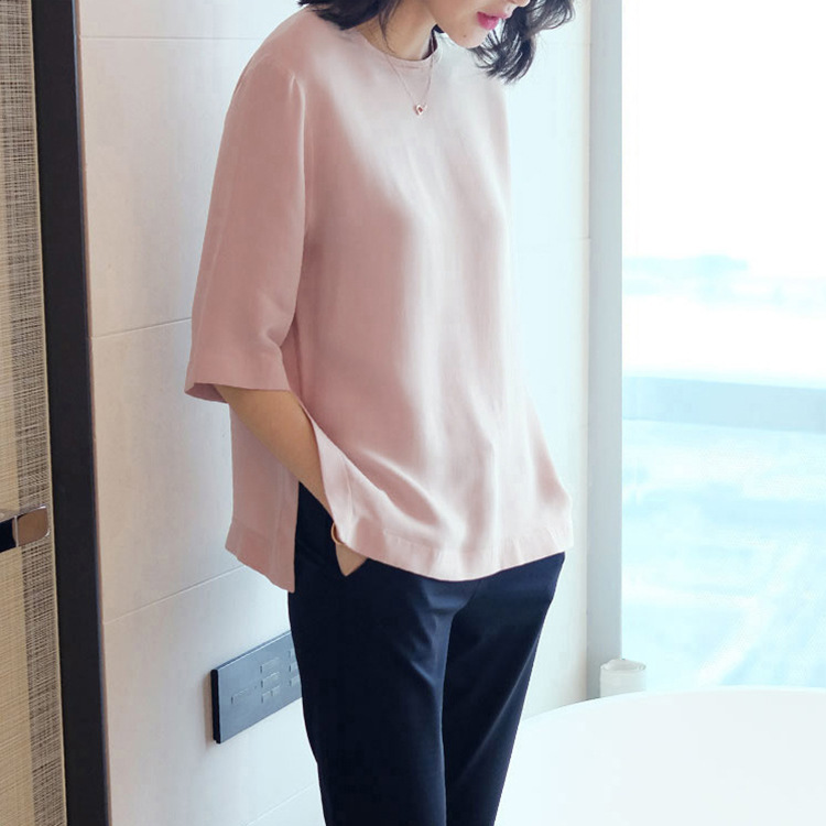 2025 Spring C010H Mulberry Silk Top Three Quarter Sleeve Round Neck Silk Shirt Women's Shirt Loose and Easiest for Match