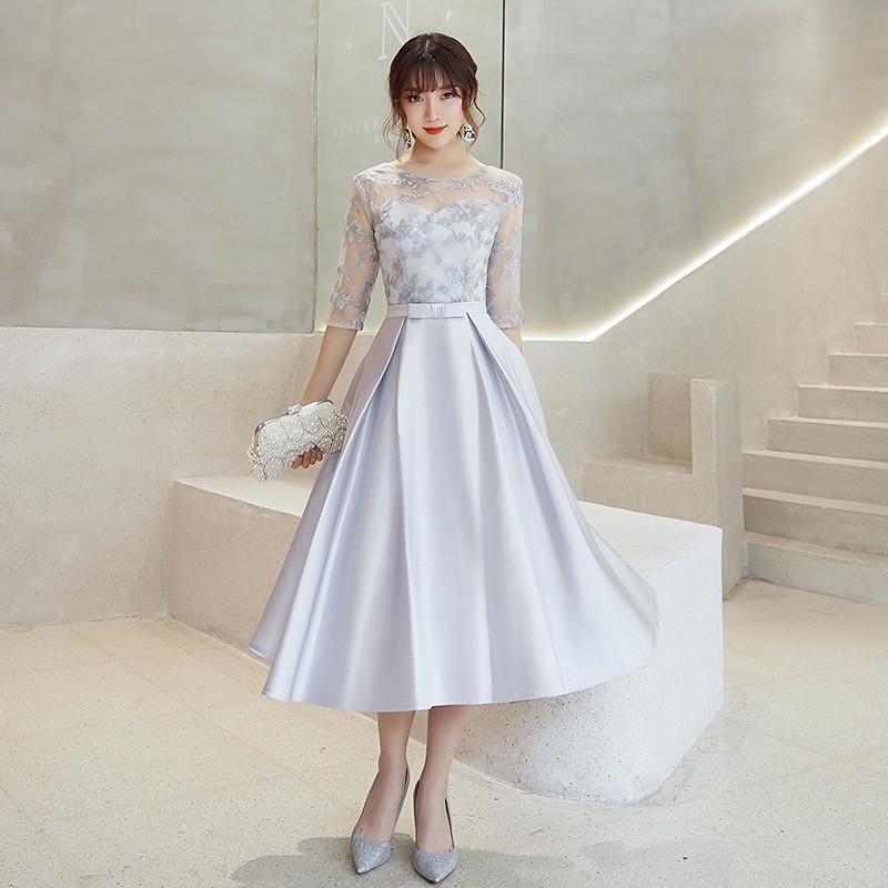 Vestido de dama de honor gris para mujer, nuevo modelo 2025, vestido de otoño para damas de honor, vestido de hermana, vestido de longitud media para banquete de boda, vestido de noche