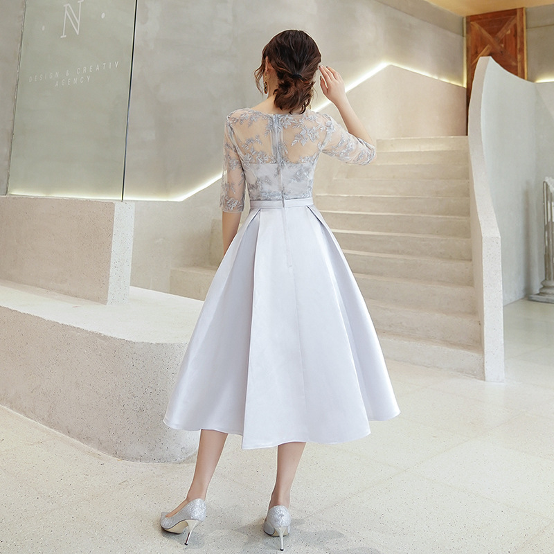 Vestido de dama de honor gris para mujer, nuevo modelo 2025, vestido de otoño para damas de honor, vestido de hermana, vestido de longitud media para banquete de boda, vestido de noche