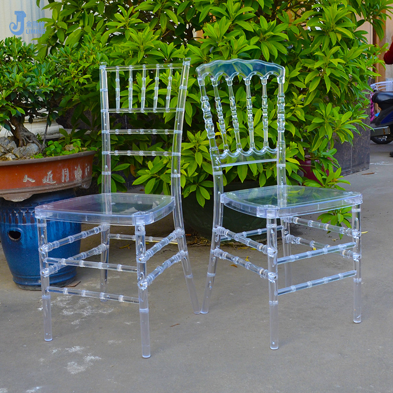 Fábrica al por mayor de resina transparente silla de plástico Silla de resina desmontable Silla de acrílico Napoleón boda Silla de cristal