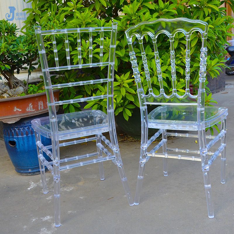 Fábrica al por mayor de resina transparente silla de plástico Silla de resina desmontable Silla de acrílico Napoleón boda Silla de cristal