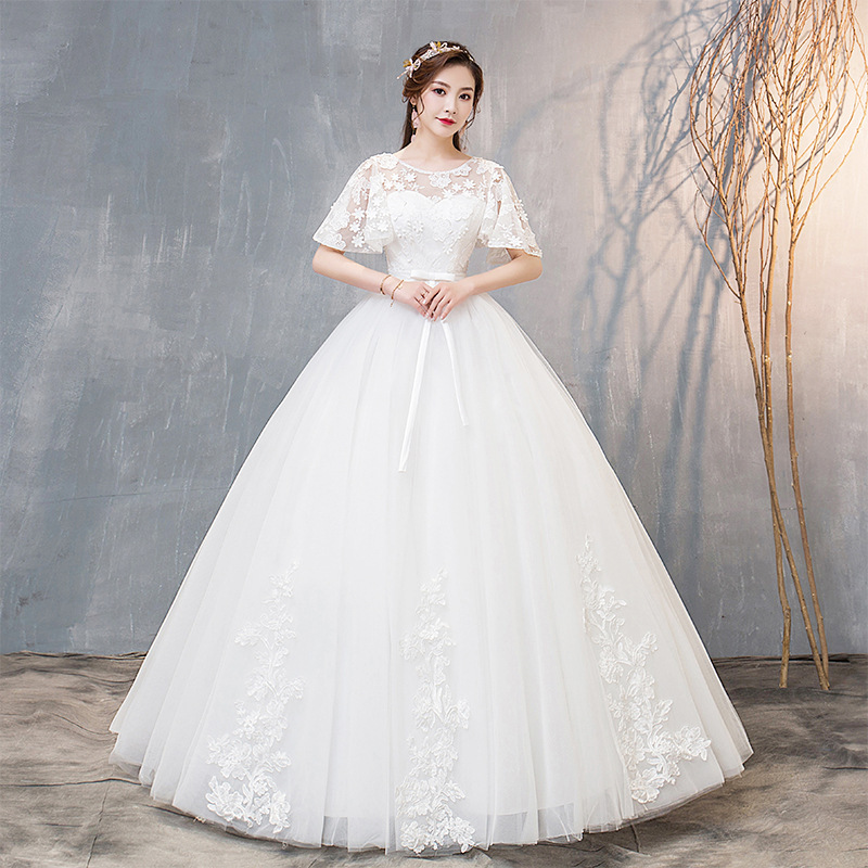2025 New Factory Direct Supply of New White Floor-Length Wedding Dress Mid-Sleeve Bridal Dress Elegant Wedding Dress