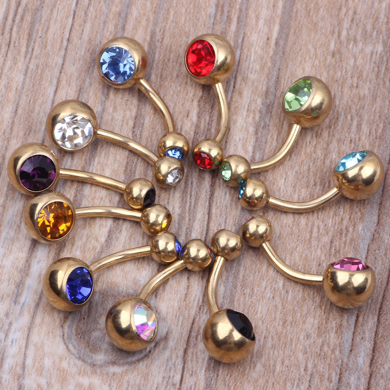 人体穿孔アクセサリーメッキ金色ダブルドリル臍リングチェコドリル臍釘太い棒ピアスパンク風