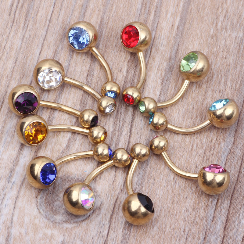 人体穿孔アクセサリーメッキ金色ダブルドリル臍リングチェコドリル臍釘太い棒ピアスパンク風