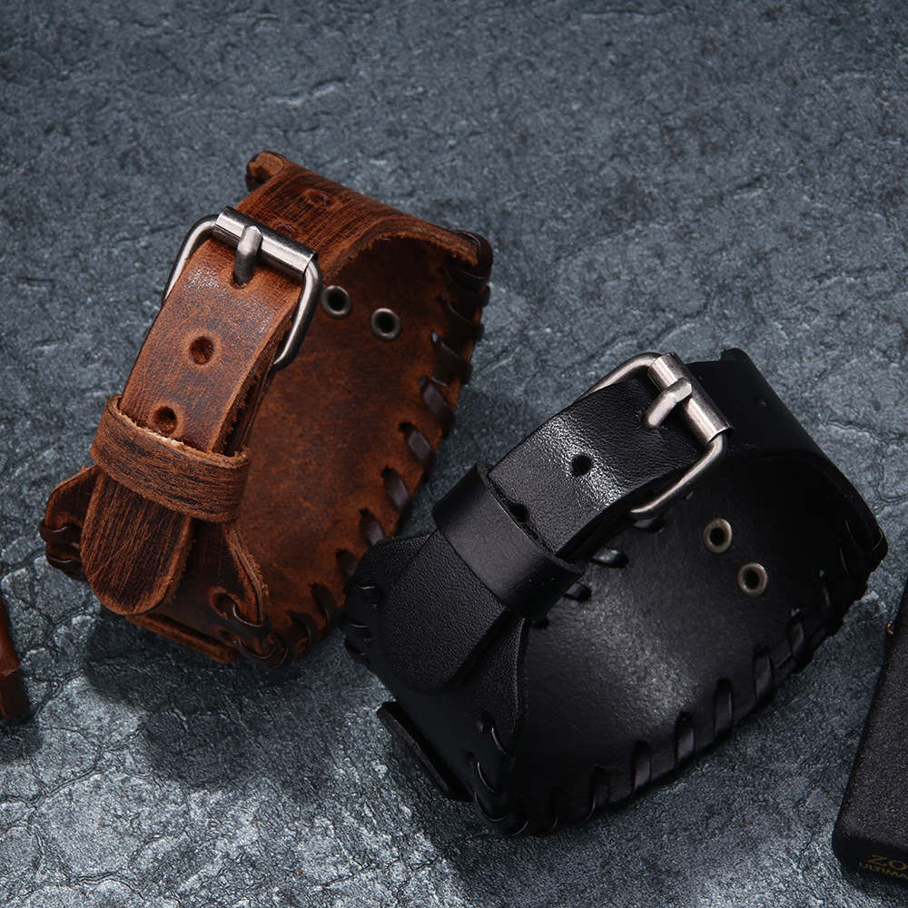 2PCS Nordic Viking Totem Leather Personalized Fashion Style Luen Triangle Letter Cowhide Bracelet_voghion.com
