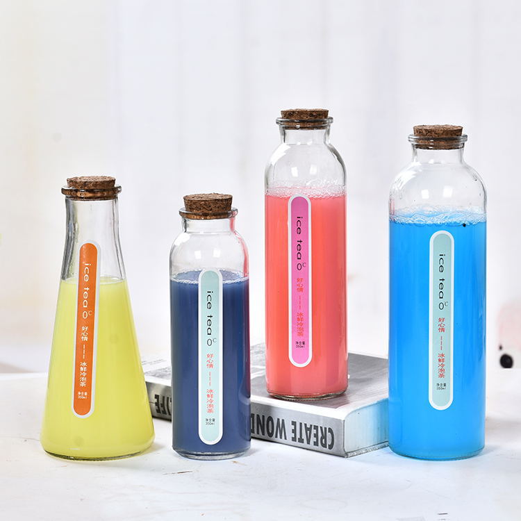 厂家直供木塞玻璃350ml冷泡茶瓶奶茶瓶许愿漂流瓶彩虹饮料瓶