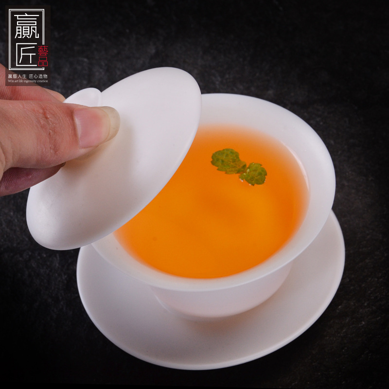 Winning artesan Dehua porcelana blanca cubierta a mano kung fu tazón de té neumático delgado tres talentos cubierto tazón de té conjunto de tazón de té brindis taza de té