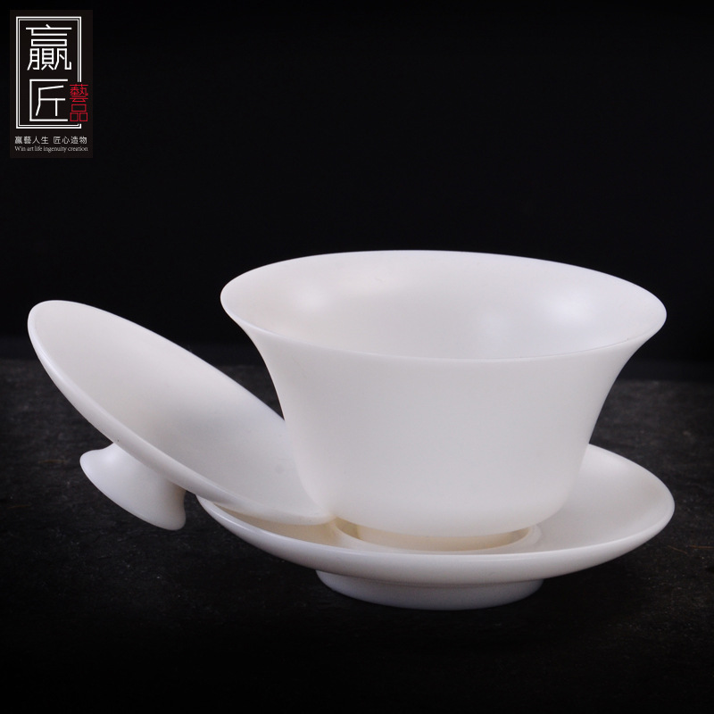 Winning artesan Dehua porcelana blanca cubierta a mano kung fu tazón de té neumático delgado tres talentos cubierto tazón de té conjunto de tazón de té brindis taza de té