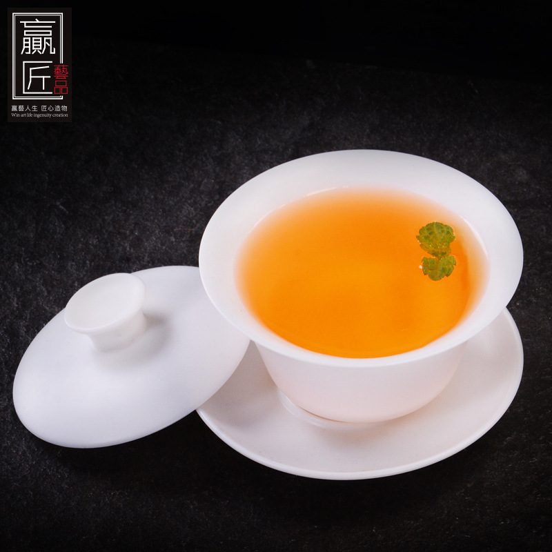 Winning artesan Dehua porcelana blanca cubierta a mano kung fu tazón de té neumático delgado tres talentos cubierto tazón de té conjunto de tazón de té brindis taza de té