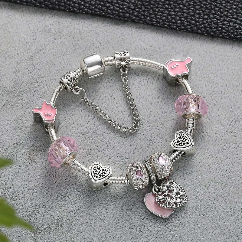 Фуксия кристал bracelet сердце, серебряный браслет для друга ручной работы