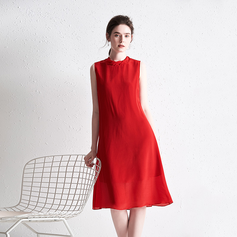 2026 European and American Summer Hot-Selling New Style Loose-Fitting High-End Red Silk Sleeveless Tank Top A-Line Dress