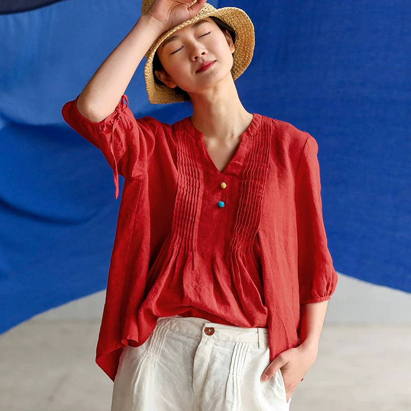 Art Fan 2020 Xia, женская новая свободная морщинистая рубашка с V-образным вырезом и рукавами, манжеты из хлопка и льна