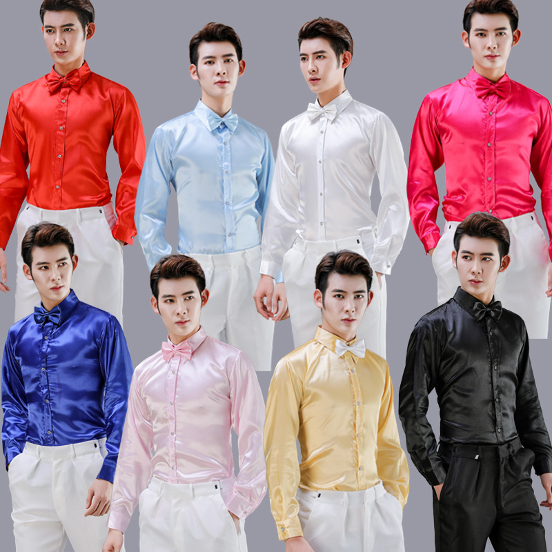 Men's Long-Sleeved Shirt, Imitation Silk Dance Shirt, Performance Clothing, Chorus Clothing, Loose Lapel, Loose Fit for Boys