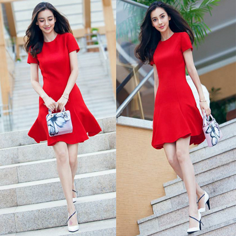 2026 Spring and Summer New Model Angelababy Celebrity Style Round Neck Red Dress Slimming Round Neck Ruffled Fishtail Dress