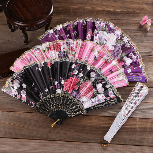 Printed plastic silk fan lace fan folding fan dance fan elegant gift fan ladies folding fan foreign trade fan color