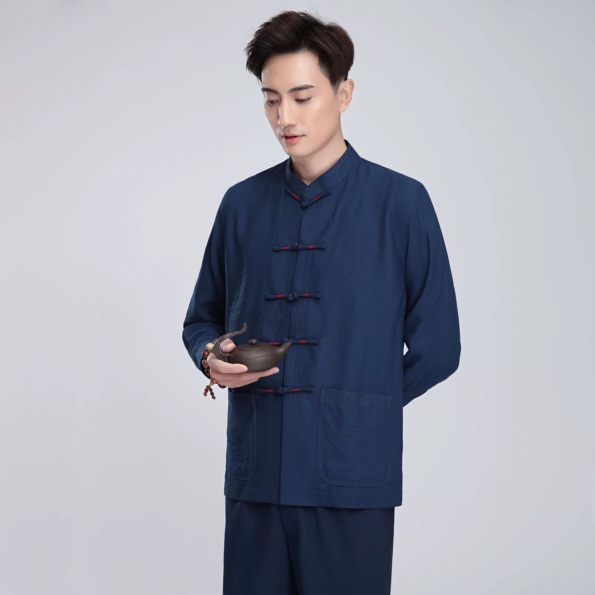 Льняной костюм 2813 Тан в китайском стиле, мужской топ с длинными рукавами, рубашка/костюм для средних лет с длинными рукавами