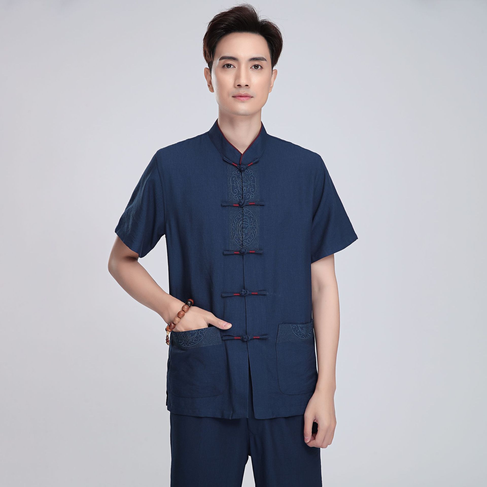 Chinese style linen men's short-sleeved top, Tang suit style, 2815; short-sleeved shirt for middle-aged and elderly men/set available.