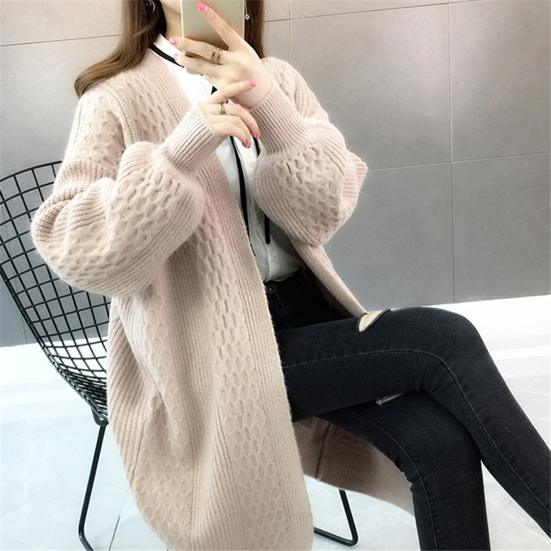 Mid-Length Knitted Cardigan for Women 2025 Autumn New Style V Neck Pure Color Puff Sleeve Sweater Loose Korean Style Jacket