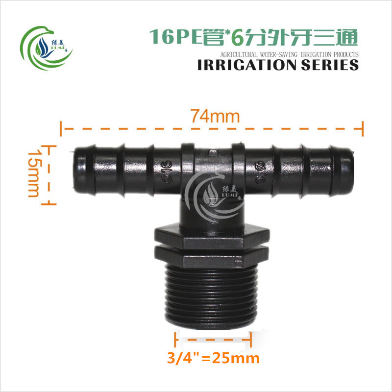 Conector T en Rosca Macho 16 PE 3/4 Pulg 25 mm para Riego por Goteo de PP