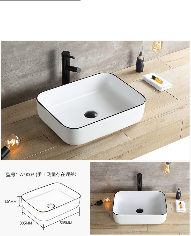 Borde negro lavabo de mesa de cerámica personalizado simple hotel nuevo lavabo de arte de cerámica lavabo lateral ultrafino lavabo de mesa al por mayor