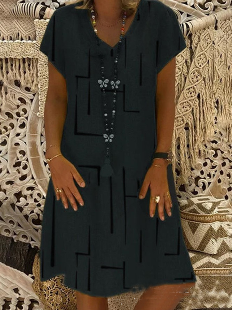 Damen-Kleiderlinie, einfarbig, lockerer, kurzärmliger Rock mit V-Ausschnitt_voghion.com